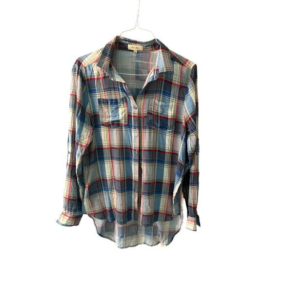 Love Notes Tunic Button-Up Shirt Women Size L Multicolor Plaid Long Sleeve Rayon - Picture 1 of 7